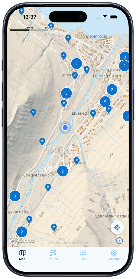 Svalbard Audio app — interactive topographic map with sightseeing pins