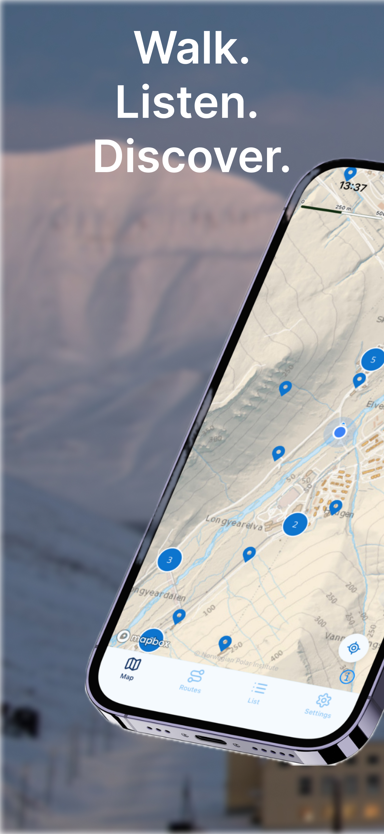 Walk. Listen. Discover. โ map with sightseeing pins on a tilted phone