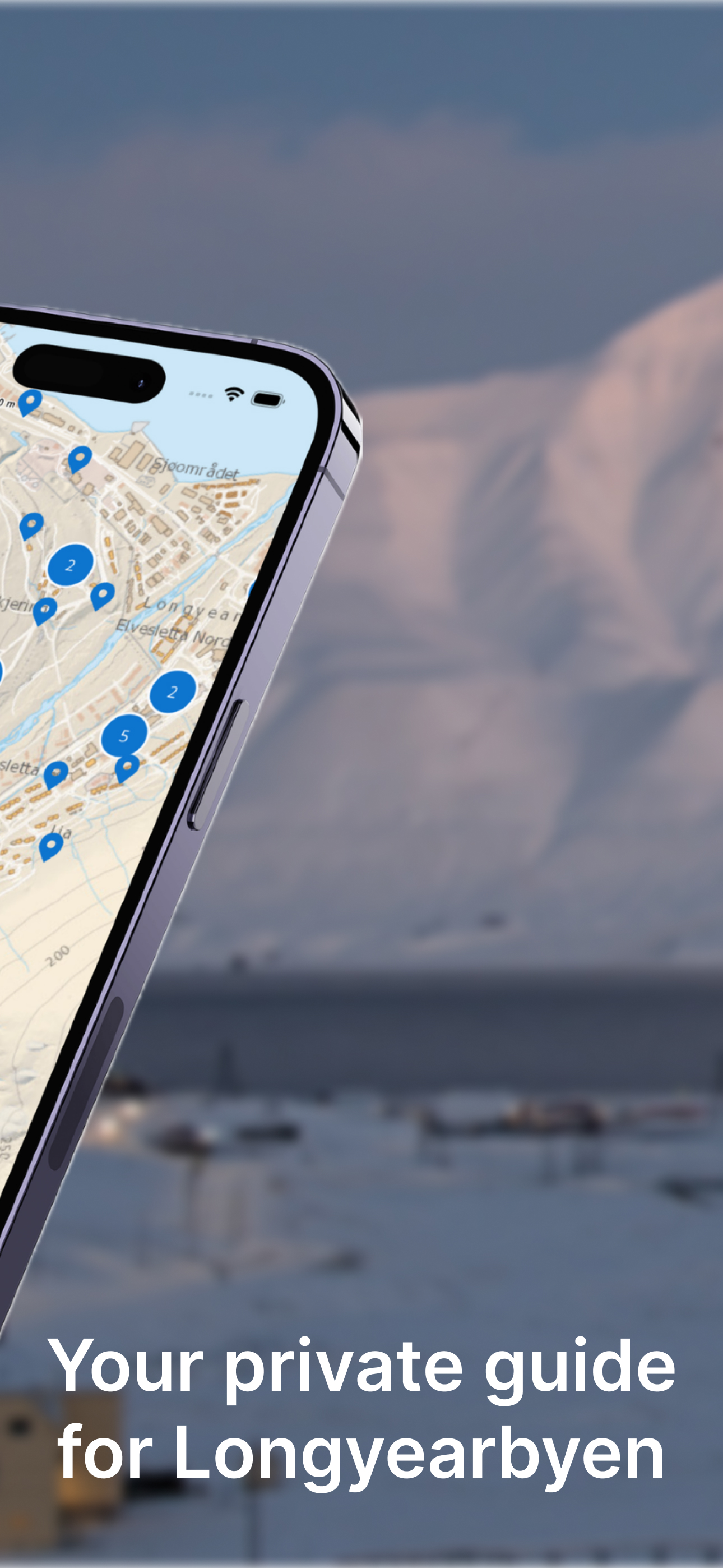 Your private guide for Longyearbyen โ phone showing the full map