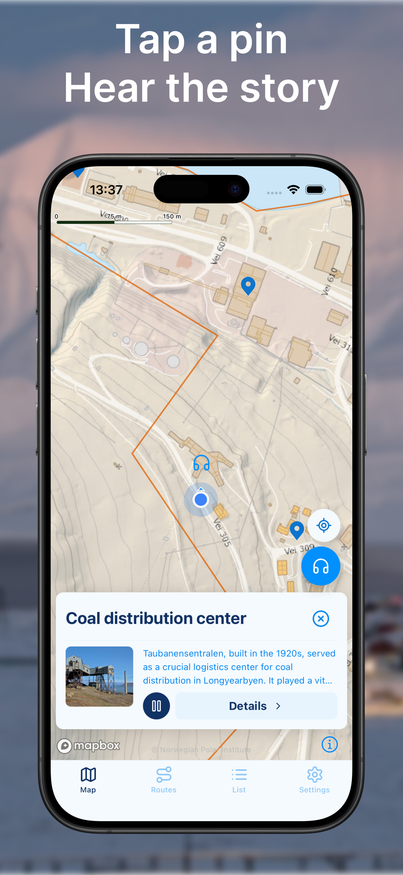 Tap a pin, hear the story โ map with pin info card and audio player
